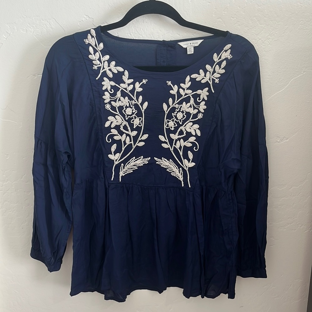 Lucky Brand Navy Embroidered Top